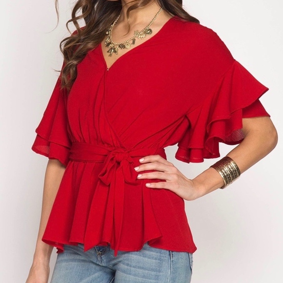 LAST ONE!  Red Ruffled Sleeve Tie  Waist top - Picture 4 of 5